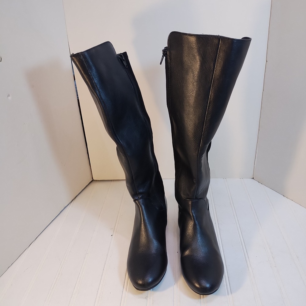 Albacore Black Tall Wedge Boots Women 8.5 Faux Leather Suede Mixed Media Goth